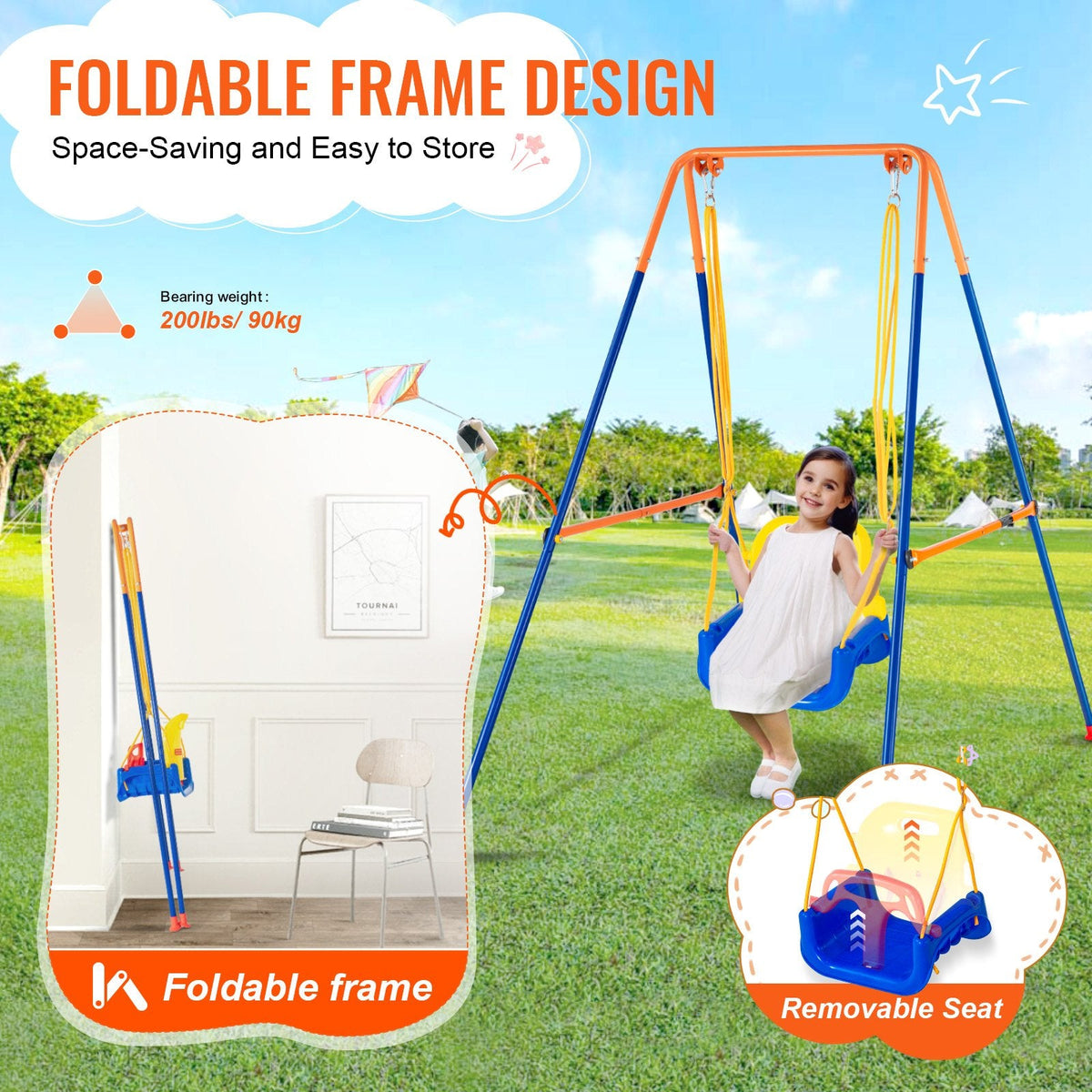 VEVOR Swing Sets for Backyard, 3-in-1 Toddler Swing Set with 4