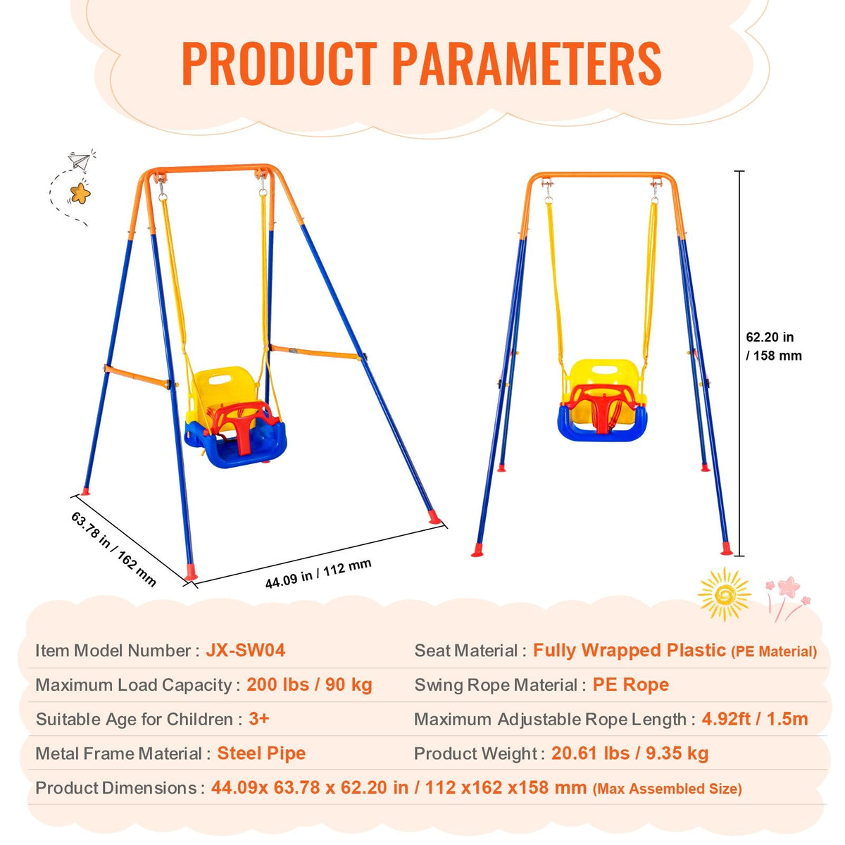 VEVOR Swing Sets for Backyard, 3-in-1 Toddler Swing Set with 4