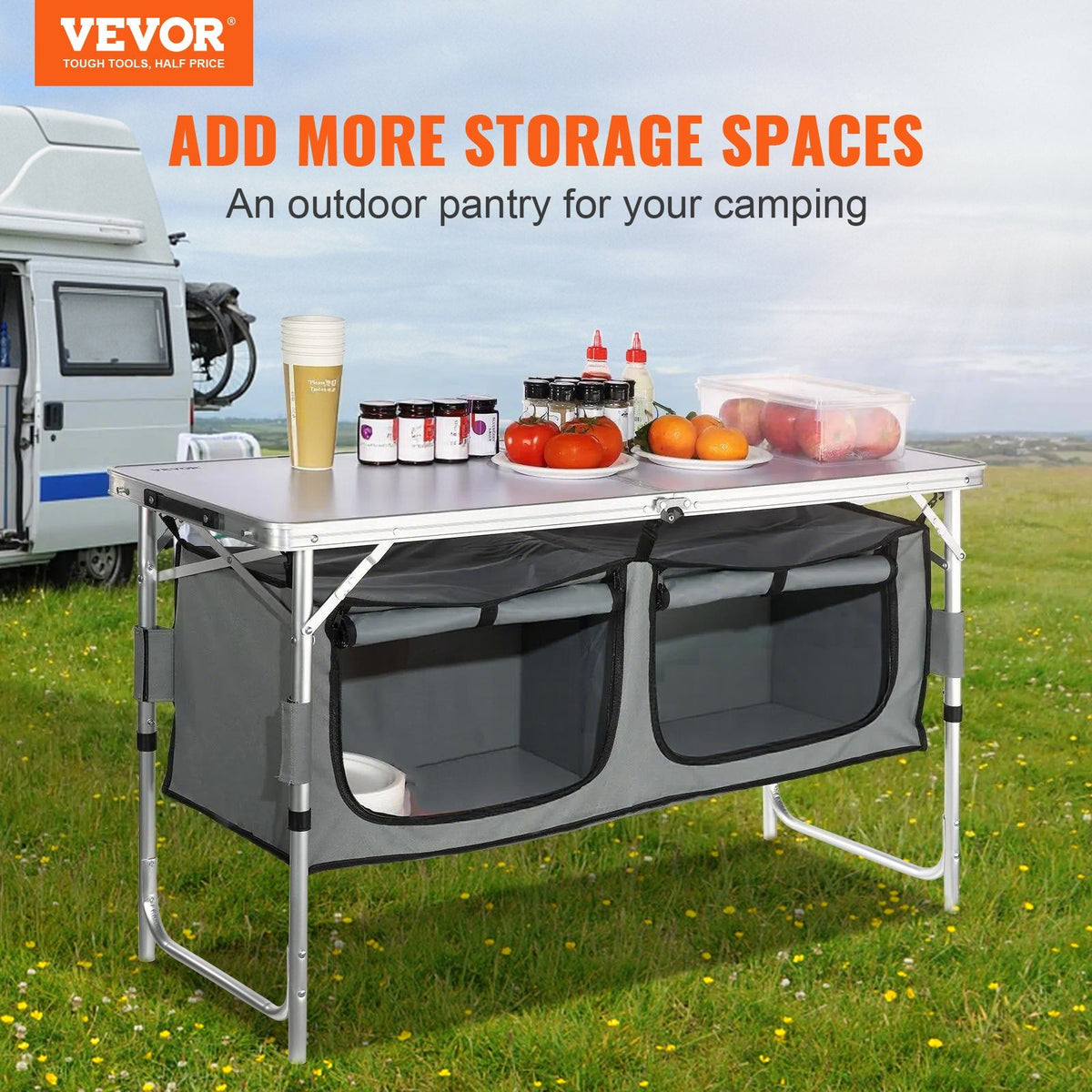 VEVOR Camping Kitchen Table Folding Portable Cook Station 3 Adjustable