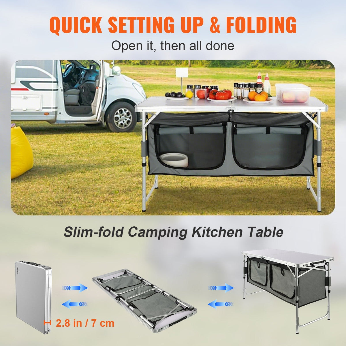 VEVOR Camping Kitchen Table Folding Portable Cook Station 3 Adjustable