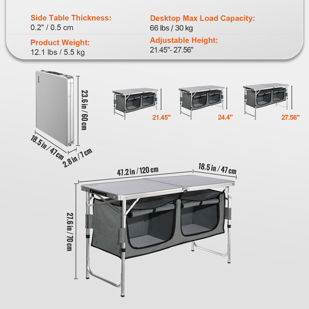 VEVOR Camping Kitchen Table Folding Portable Cook Station 3 Adjustable