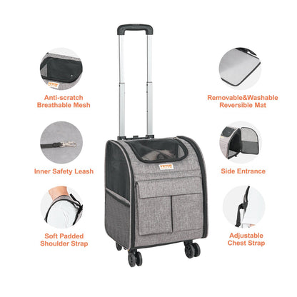 VEVOR Cat Carrier with Wheels, Rolling Pet Carrier with Telescopic