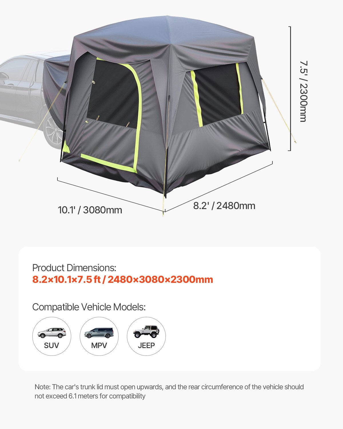 VEVOR SUV Tent for Camping, 10FT L x 8FT W, Waterproof PU2000mm