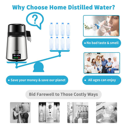 VEVOR 4L Water Distiller 1L/H Distilled Water Maker Timing & Temp