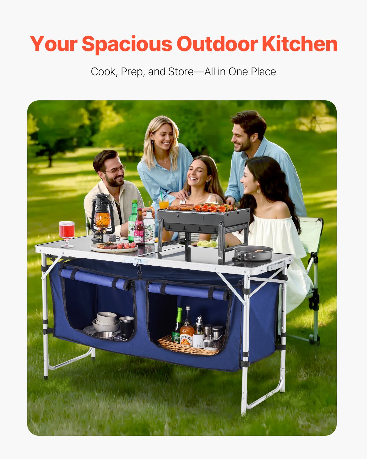 VEVOR Camping Kitchen Table, Folding Outdoor Cooking Table, 3