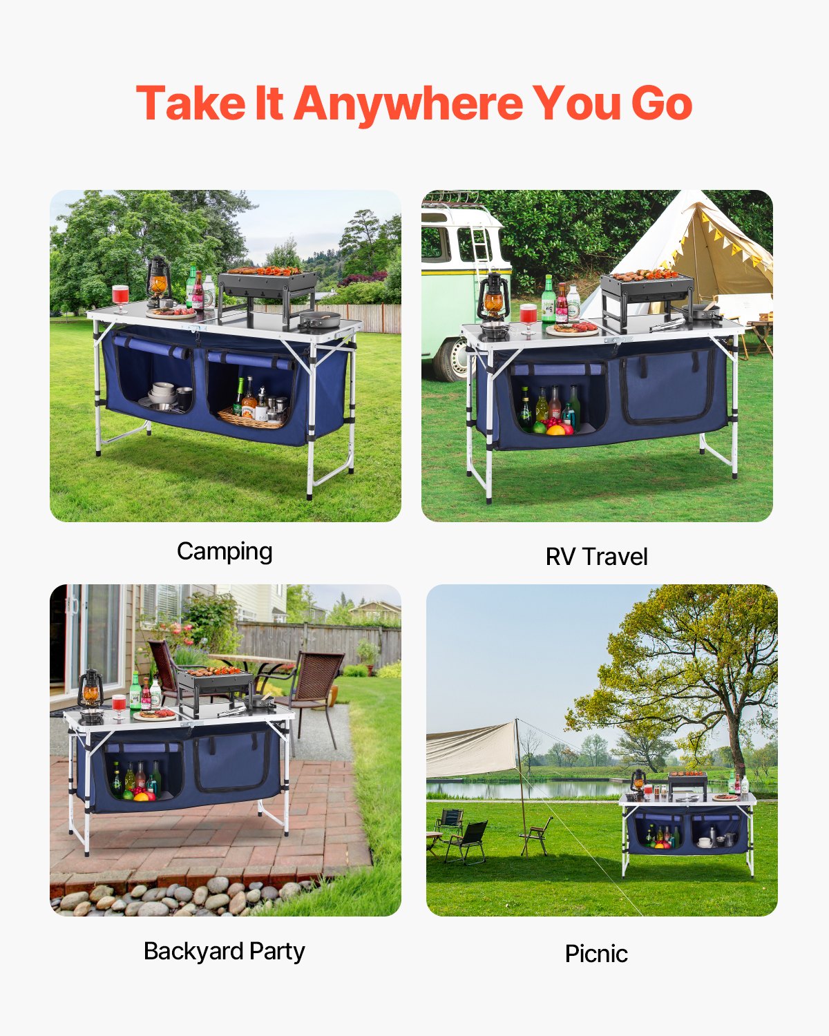 VEVOR Camping Kitchen Table, Folding Outdoor Cooking Table, 3