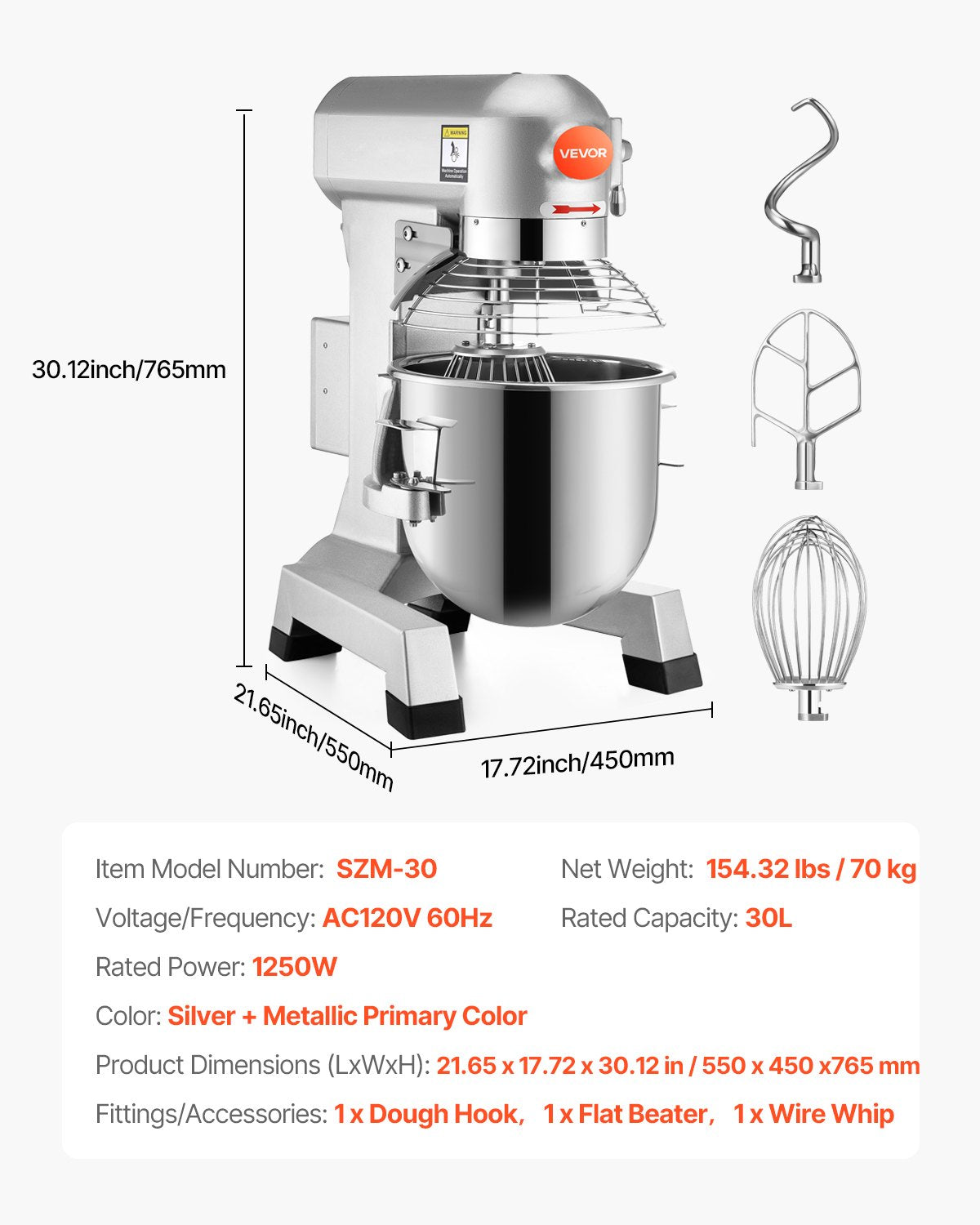 VEVOR Electric Food Mixer 30L Food Stand Mixer 1100W Electric Dough