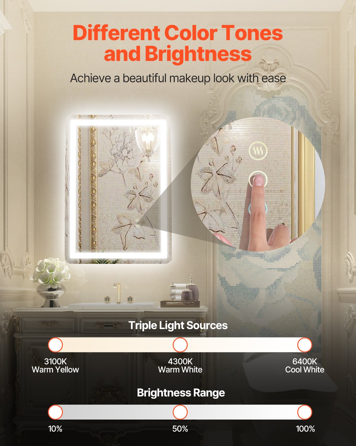 VEVOR LED Bathroom Mirror, 50 x 70 cm LED Bathroom Vanity Mirror with