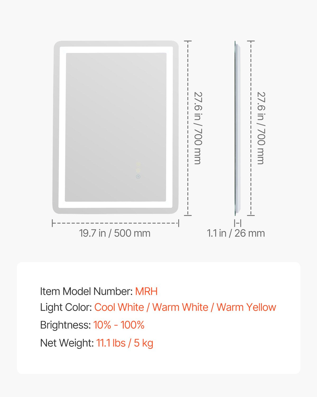 VEVOR LED Bathroom Mirror, 50 x 70 cm LED Bathroom Vanity Mirror with