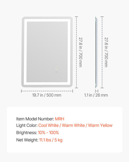 VEVOR LED Bathroom Mirror, 50 x 70 cm LED Bathroom Vanity Mirror with