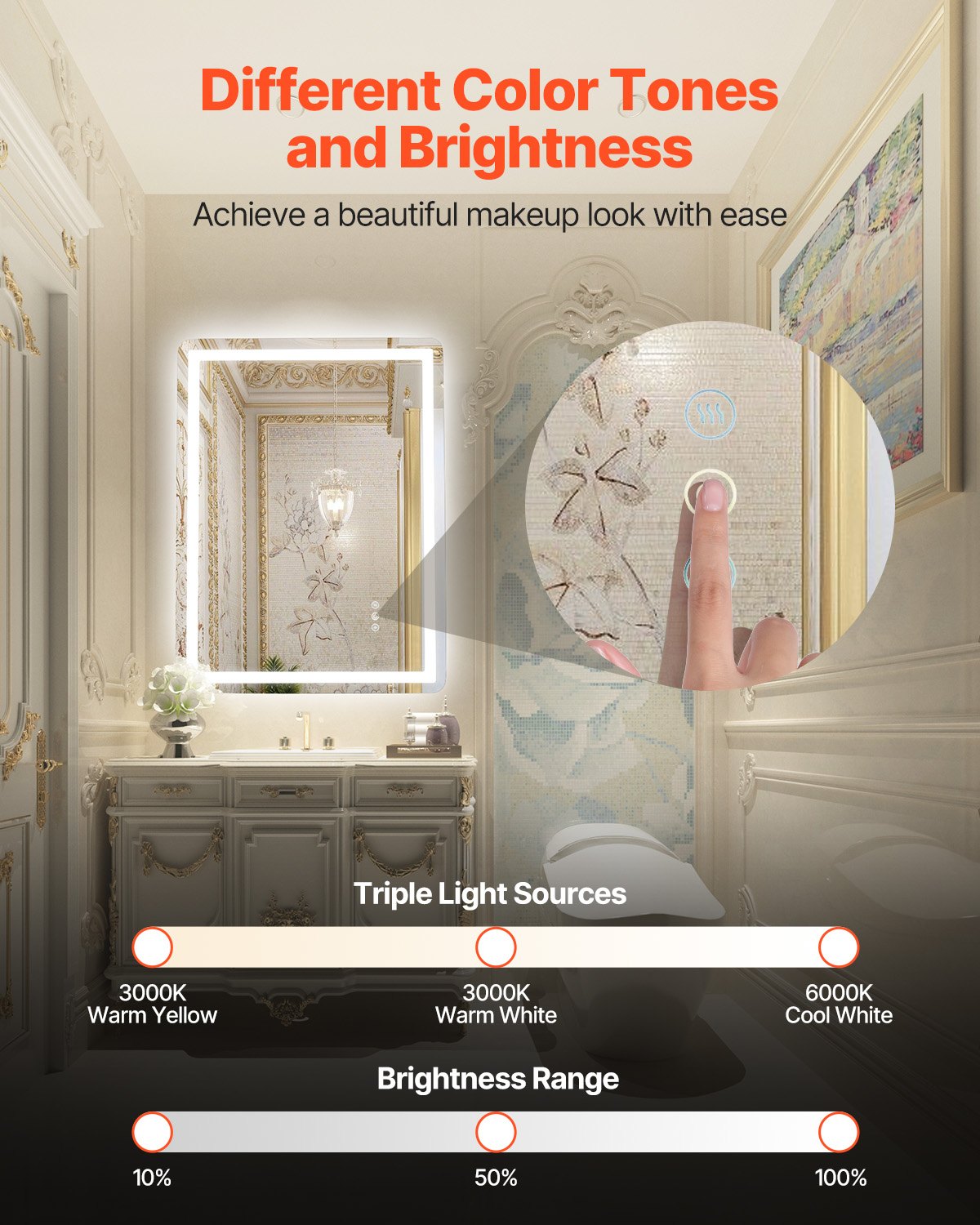 VEVOR LED Bathroom Mirror, 60 x 80 cm LED Bathroom Vanity Mirror with