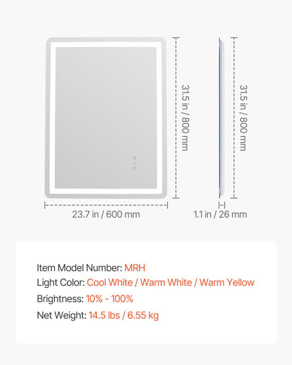 VEVOR LED Bathroom Mirror, 60 x 80 cm LED Bathroom Vanity Mirror with