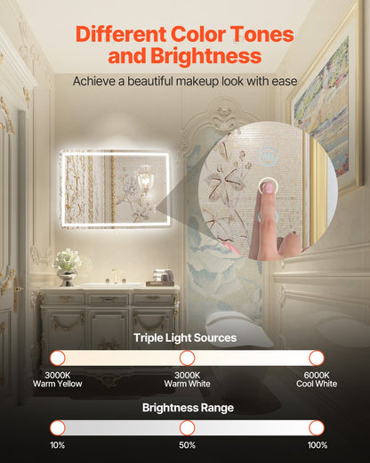 VEVOR LED Bathroom Mirror, 70 x 100 cm LED Bathroom Vanity Mirror with