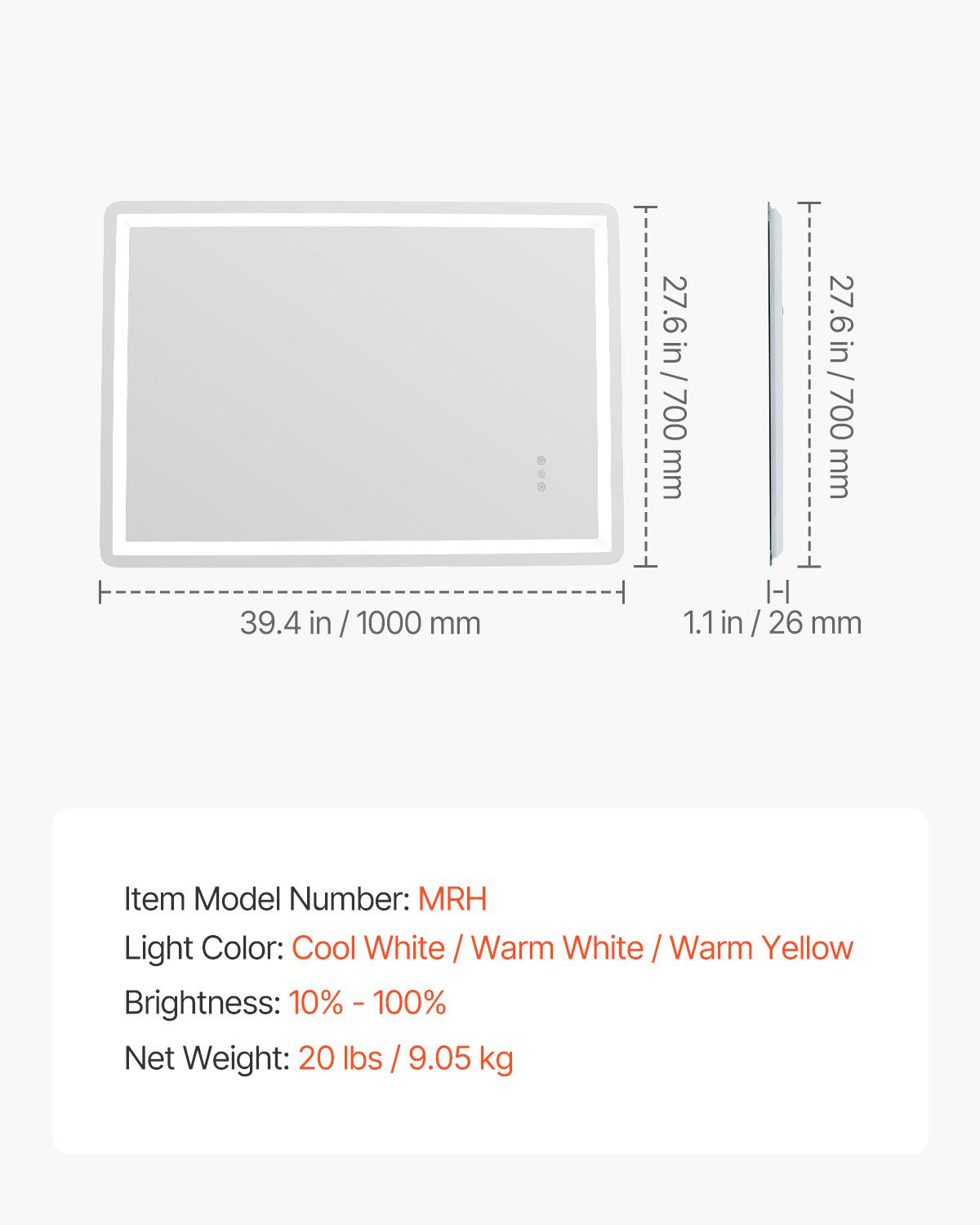 VEVOR LED Bathroom Mirror, 70 x 100 cm LED Bathroom Vanity Mirror with