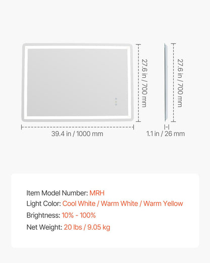 VEVOR LED Bathroom Mirror, 70 x 100 cm LED Bathroom Vanity Mirror with