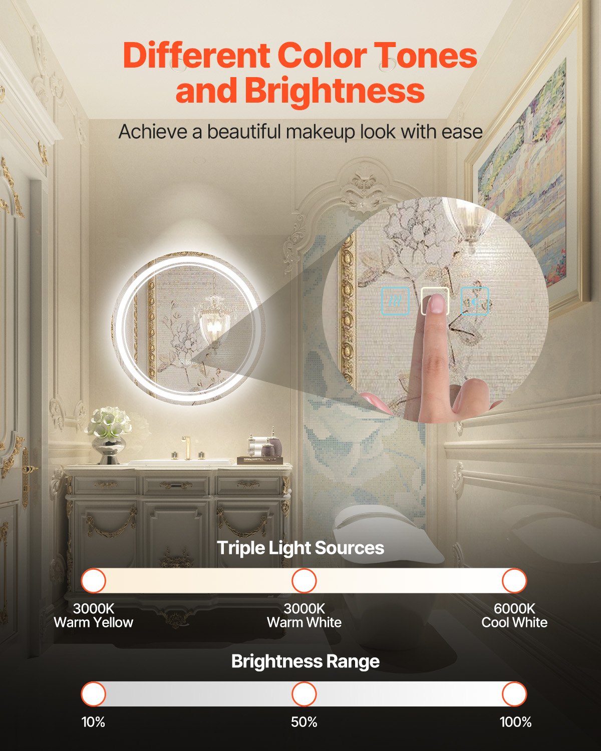 VEVOR LED Bathroom Mirror, 60 cm LED Bathroom Round Vanity Mirror with