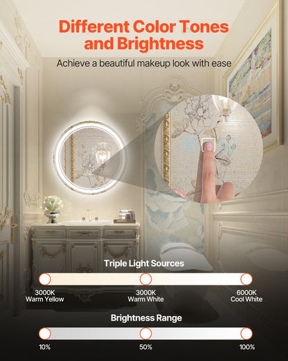 VEVOR LED Bathroom Mirror, 60 cm LED Bathroom Round Vanity Mirror with