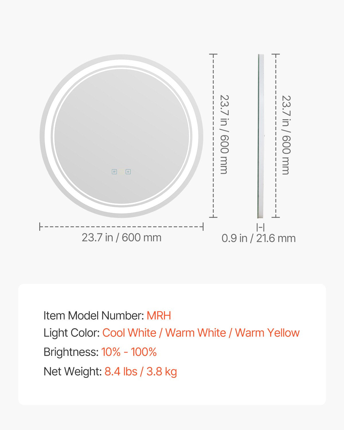 VEVOR LED Bathroom Mirror, 60 cm LED Bathroom Round Vanity Mirror with