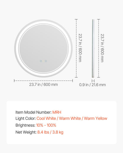 VEVOR LED Bathroom Mirror, 60 cm LED Bathroom Round Vanity Mirror with