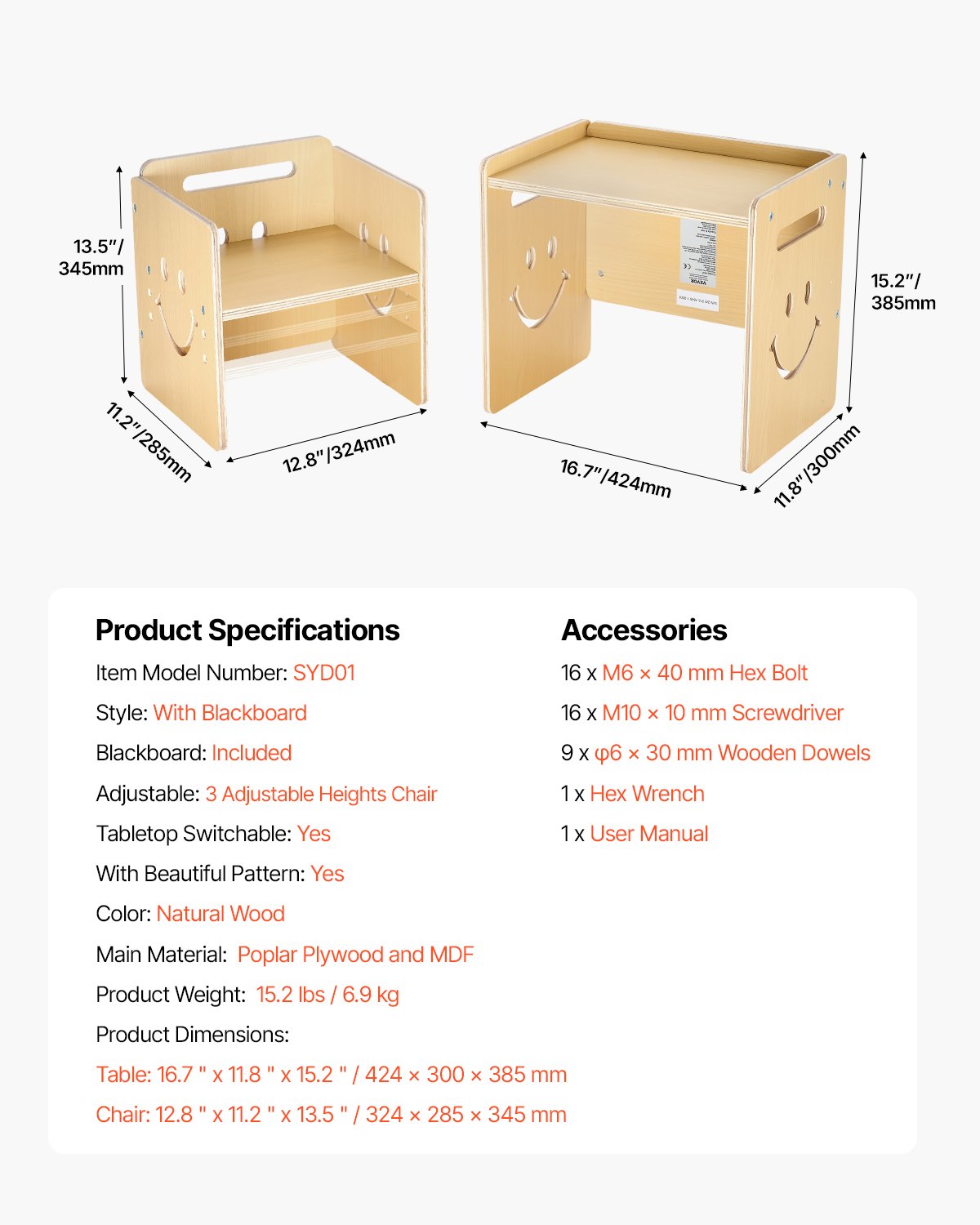 VEVOR Montessori Weaning Table and Chair Set, 3 In 1 Wooden Toddler