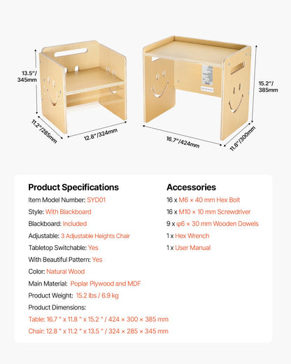 VEVOR Montessori Weaning Table and Chair Set, 3 In 1 Wooden Toddler