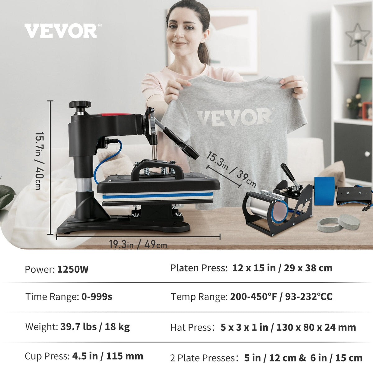 VEVOR Heat Press, 5 in 1 Heat Press Machine 30.48 x 38.1 cm, Clamshell
