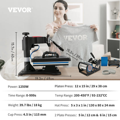 VEVOR Heat Press, 5 in 1 Heat Press Machine 30.48 x 38.1 cm, Clamshell