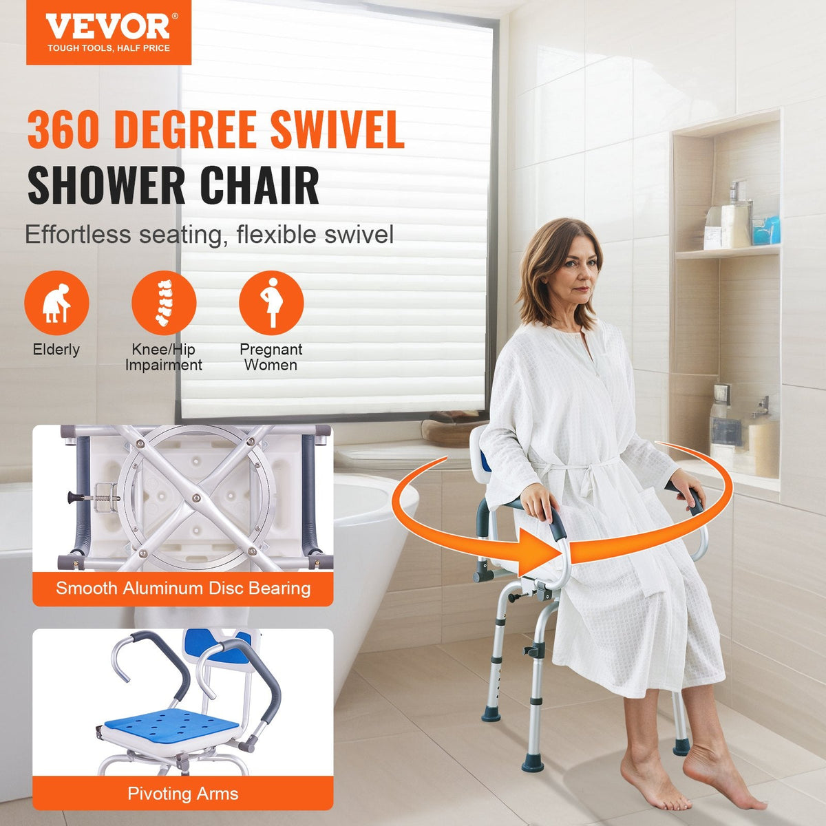 VEVOR Swivel Shower Chair 360 Degree, Adjustable Shower Seat with