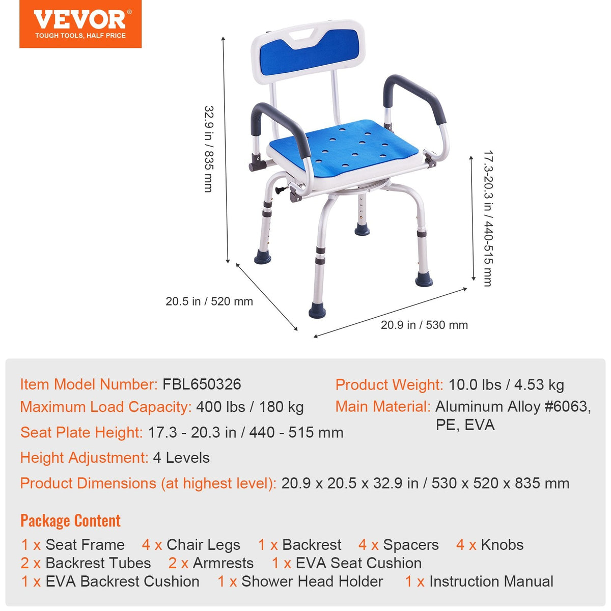 VEVOR Swivel Shower Chair 360 Degree, Adjustable Shower Seat with