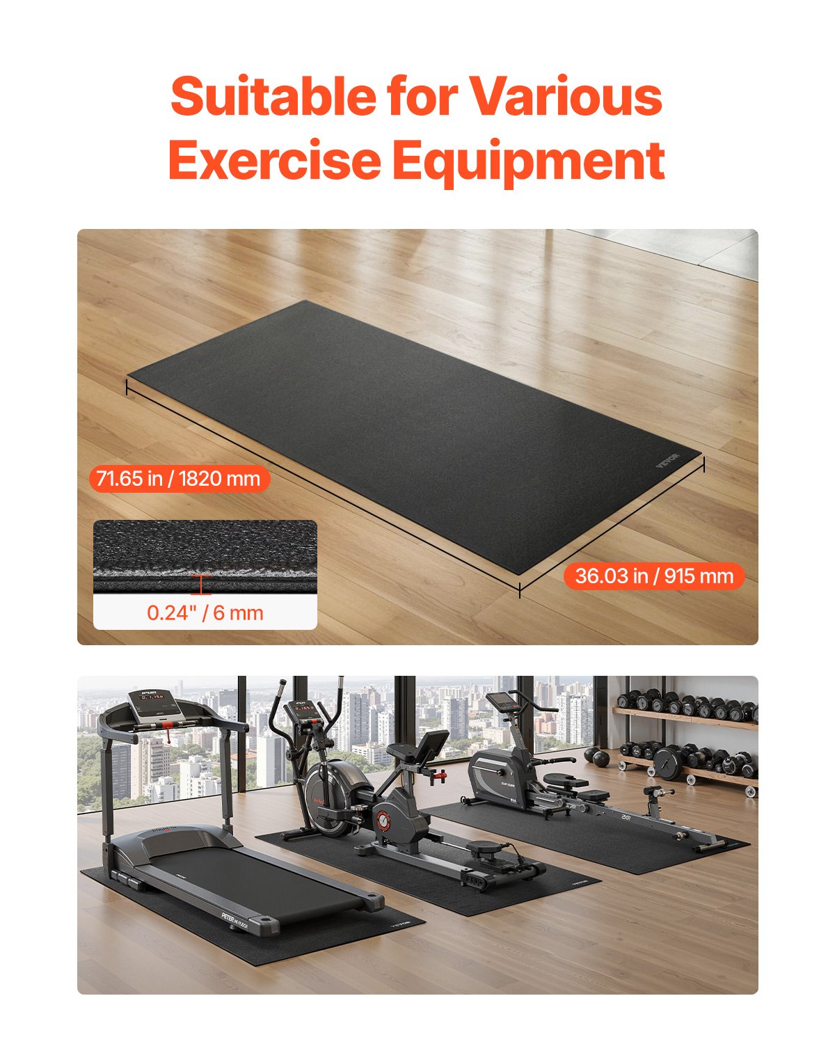 VEVOR Treadmill Mat for Carpet Floor, 6 mm Thick, 915x1820 mm Exercise