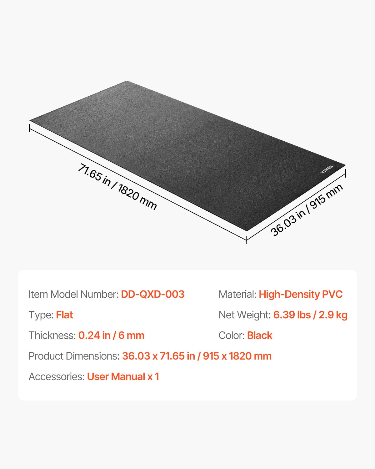 VEVOR Treadmill Mat for Carpet Floor, 6 mm Thick, 915x1820 mm Exercise