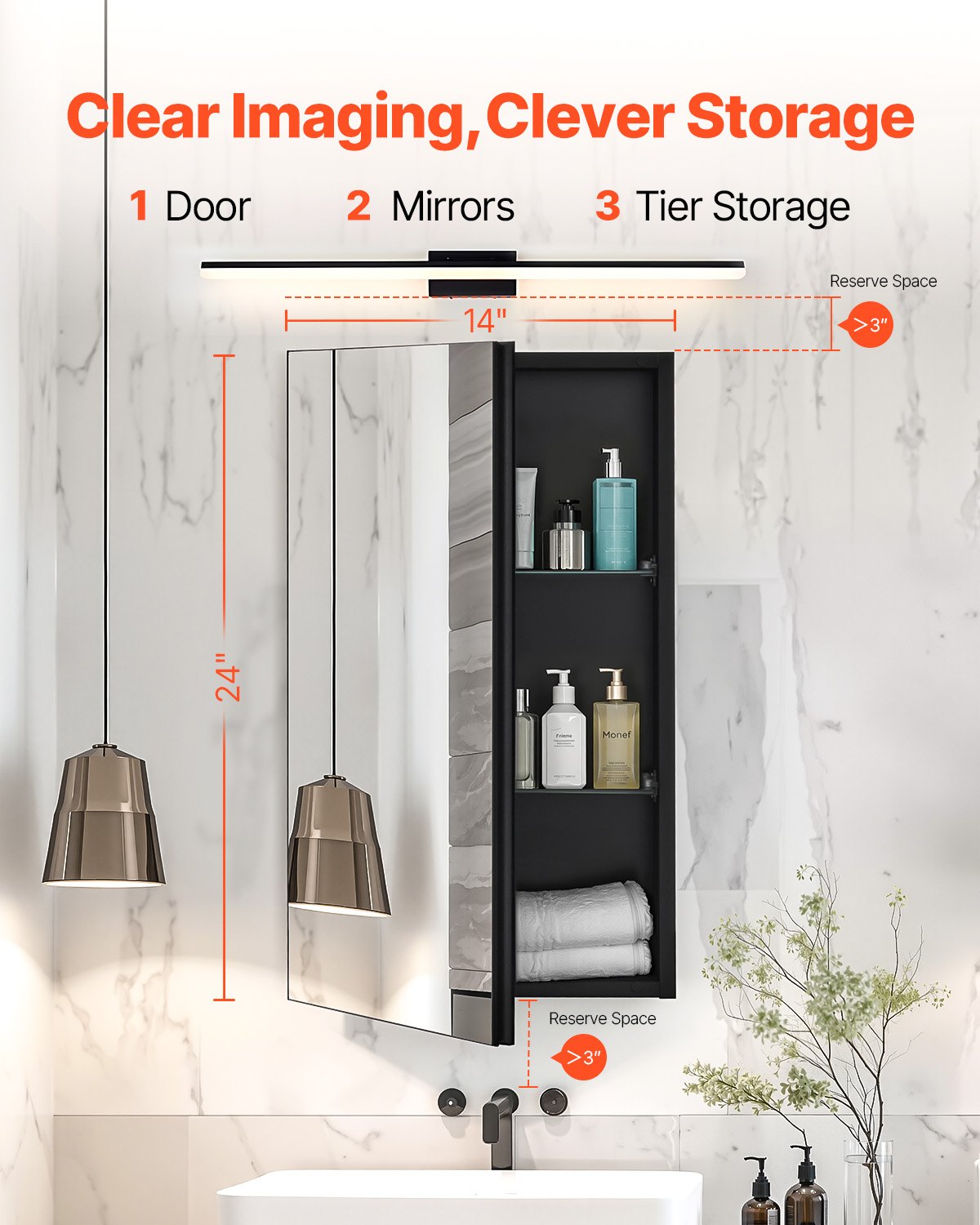 VEVOR Medicine Cabinet, 14 x 24 inches, Medicine Cabinet for Bathroom