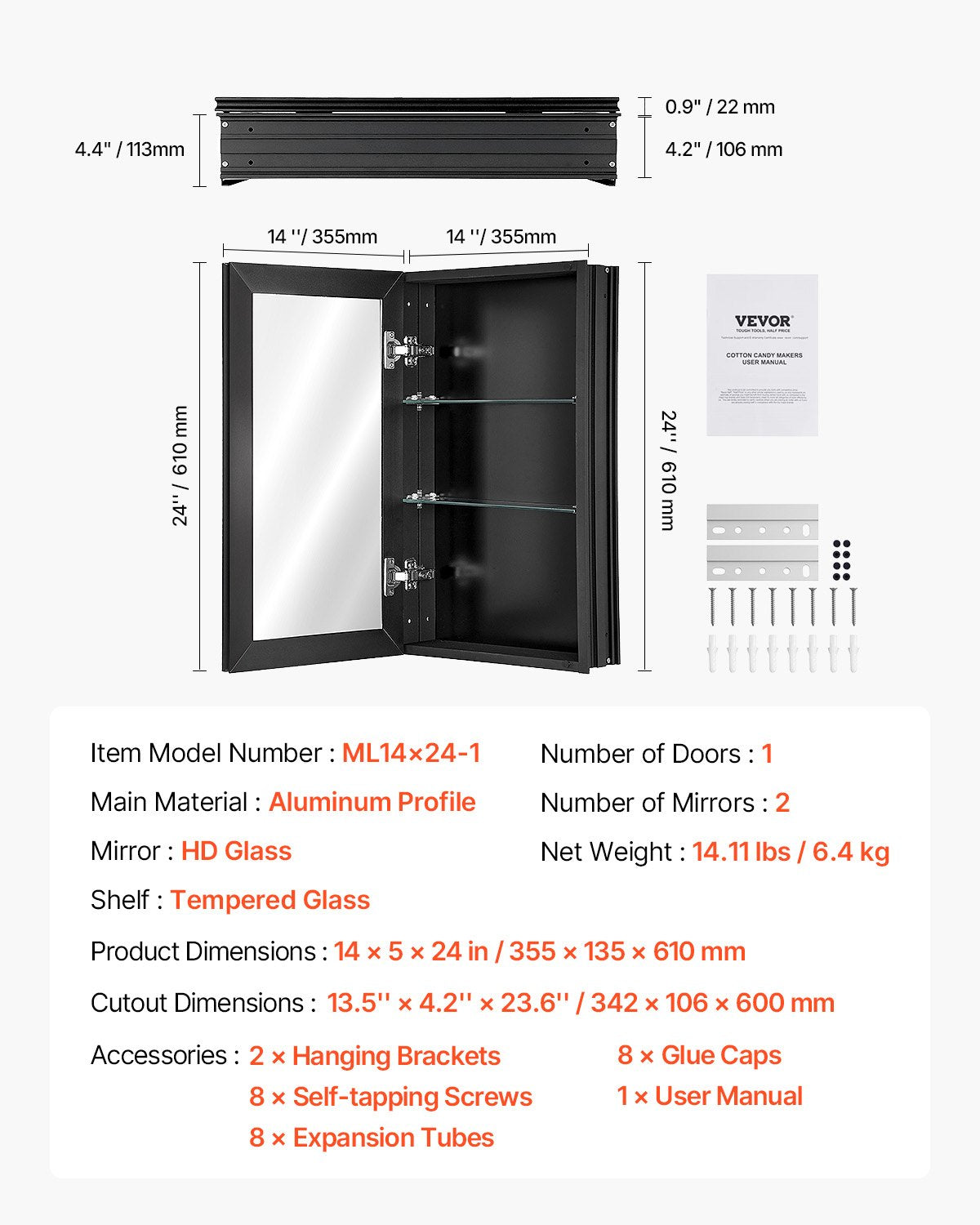 VEVOR Medicine Cabinet, 14 x 24 inches, Medicine Cabinet for Bathroom