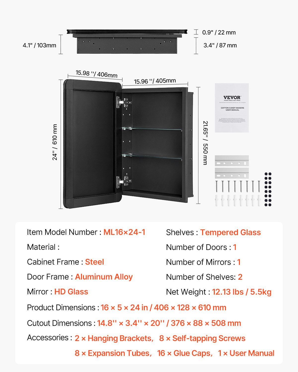 VEVOR Medicine Cabinet, 16 x 24 inch, Medicine Cabinet for Bathroom