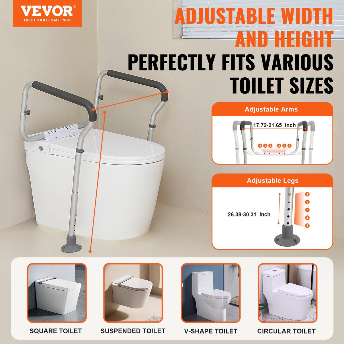 VEVOR Toilet Safety Rail, Bathroom Toilet Seat Frame, Adjustable Width