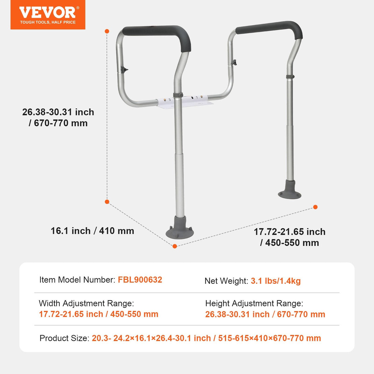 VEVOR Toilet Safety Rail, Bathroom Toilet Seat Frame, Adjustable Width