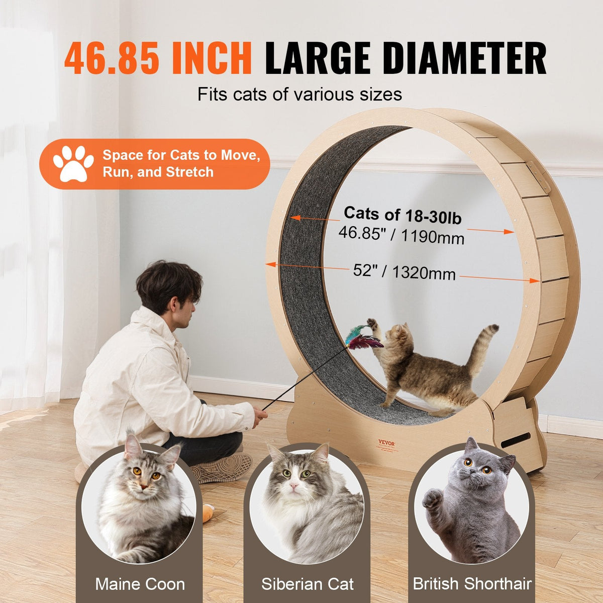 VEVOR Wooden Cat Exercise Wheel, 52" Large Cat Treadmill Wheel for