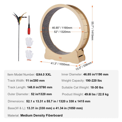 VEVOR Wooden Cat Exercise Wheel, 52" Large Cat Treadmill Wheel for