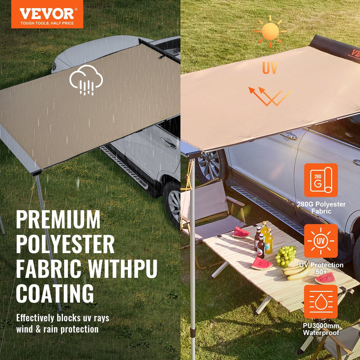 VEVOR Car Side Awning, Large 4.6'x6.6' Shade Coverage Vehicle Awning,