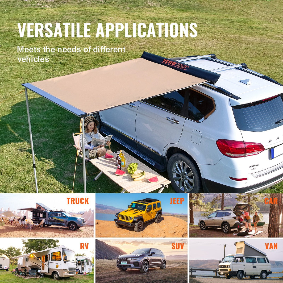 VEVOR Car Side Awning, Large 4.6'x6.6' Shade Coverage Vehicle Awning,