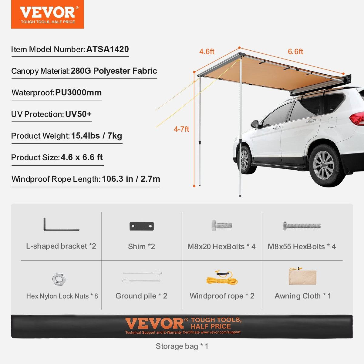 VEVOR Car Side Awning, Large 4.6'x6.6' Shade Coverage Vehicle Awning,