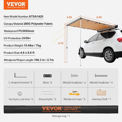 VEVOR Car Side Awning, Large 4.6'x6.6' Shade Coverage Vehicle Awning,