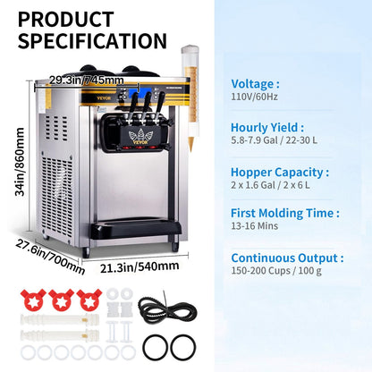 VEVOR Commercial Ice Cream Maker, 22-30L/H Yield, Countertop Soft