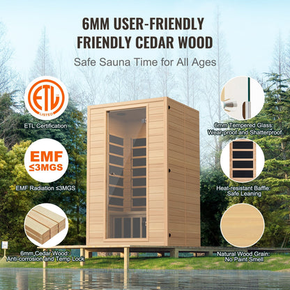 VEVOR Far Infrared Wooden Sauna, Room Home Sauna Spa for 2 Person, Low