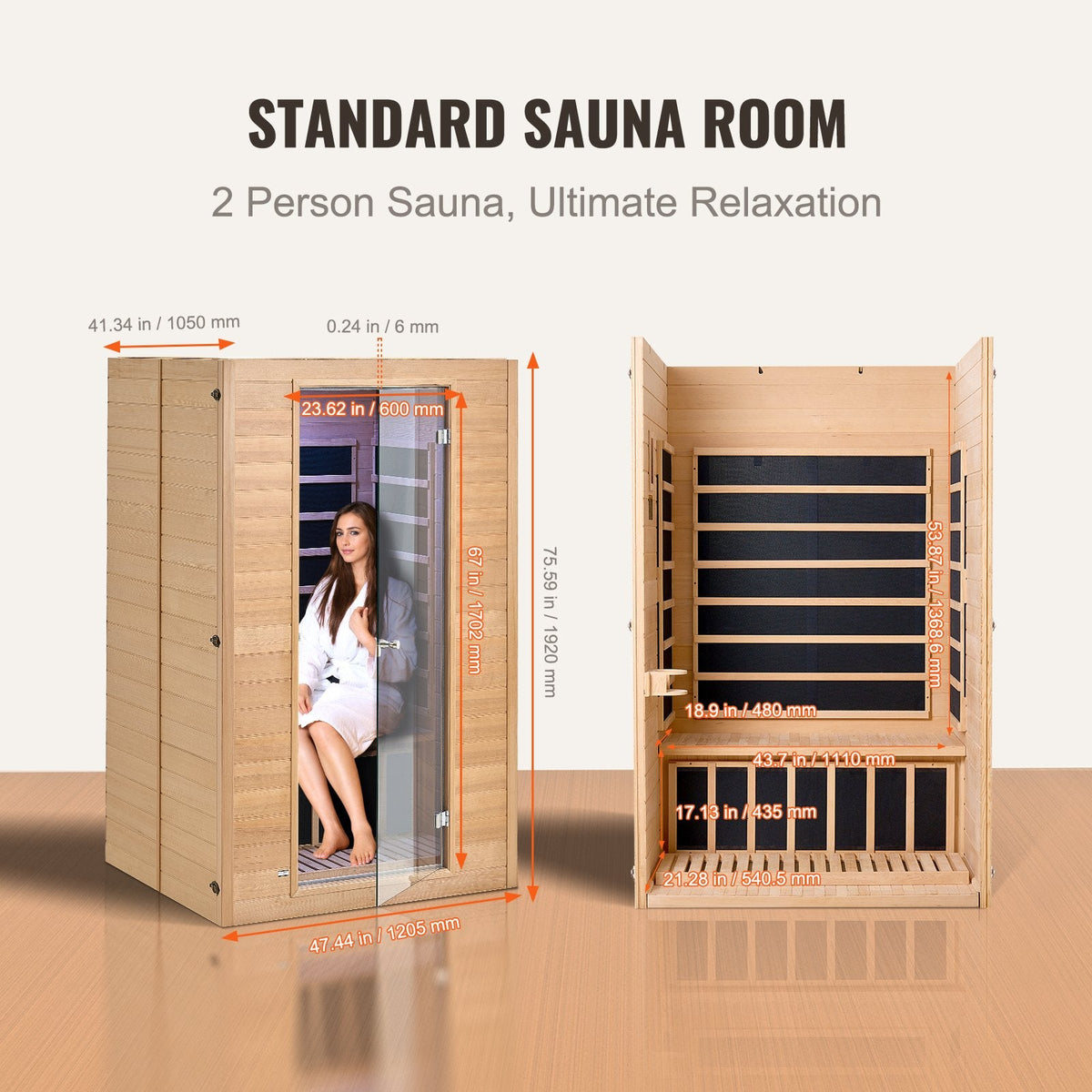 VEVOR Far Infrared Wooden Sauna, Room Home Sauna Spa for 2 Person, Low