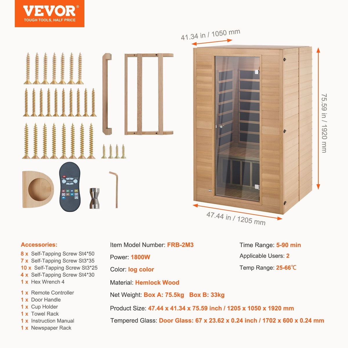 VEVOR Far Infrared Wooden Sauna, Room Home Sauna Spa for 2 Person, Low