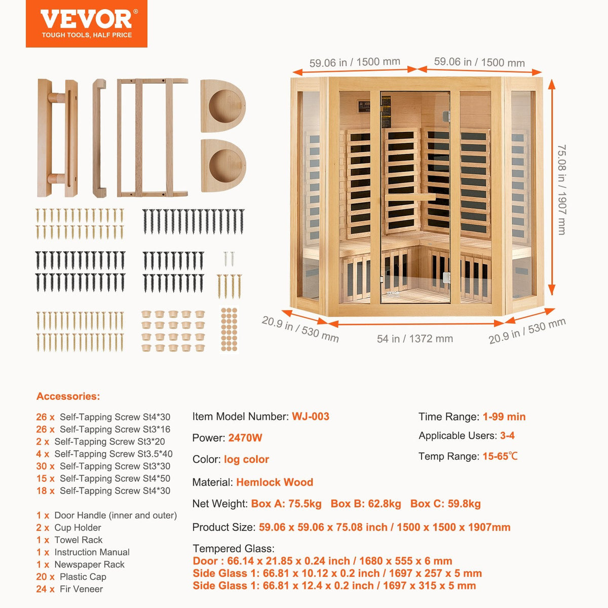 VEVOR Far Infrared Wooden Sauna, Room Home Sauna Spa for 3 to 4