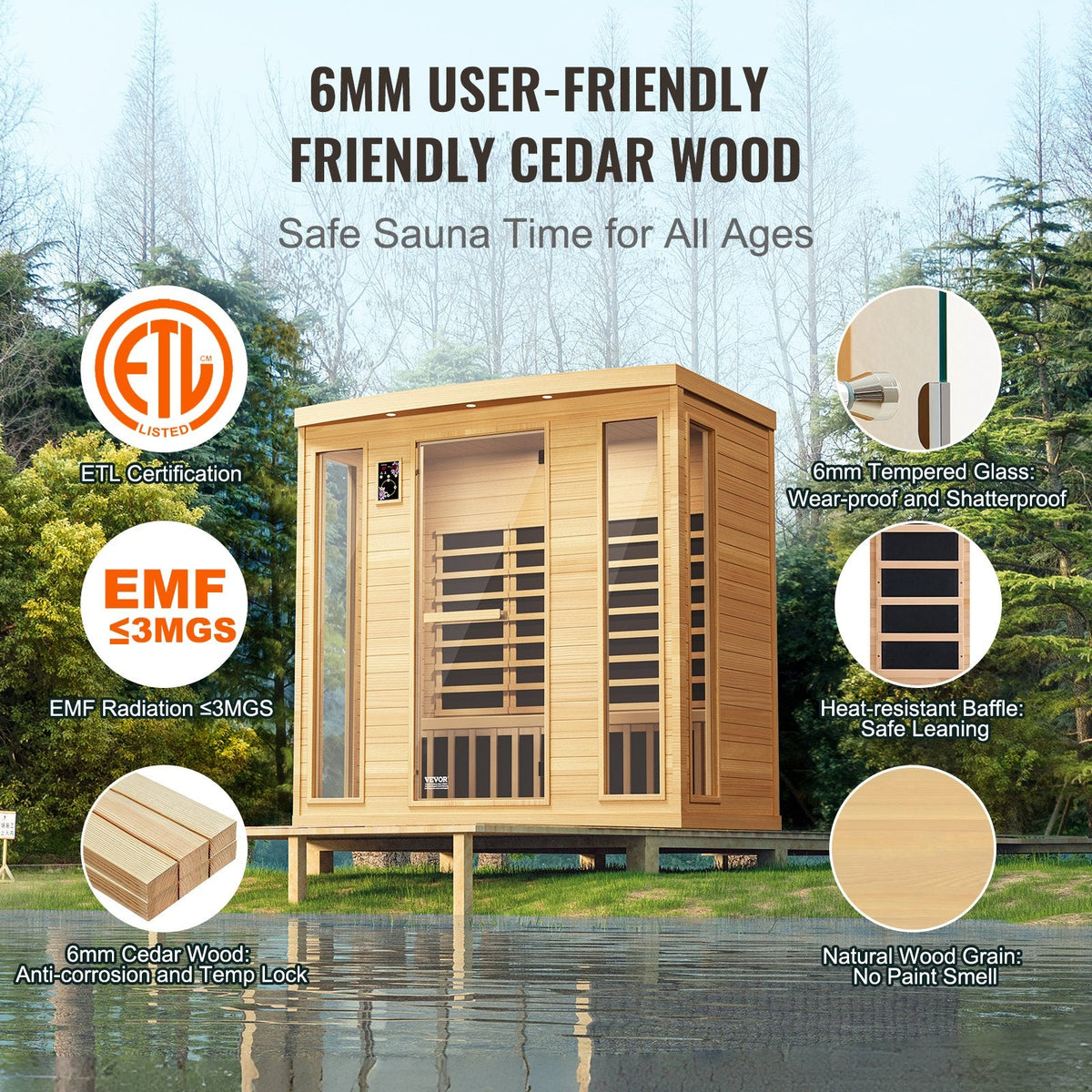 VEVOR Far Infrared Wooden Sauna, Room Home Sauna Spa for 3 to 4