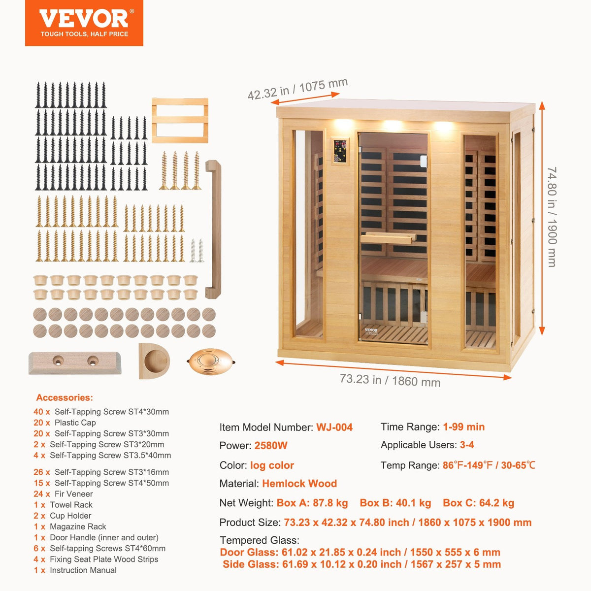 VEVOR Far Infrared Wooden Sauna, Room Home Sauna Spa for 3 to 4