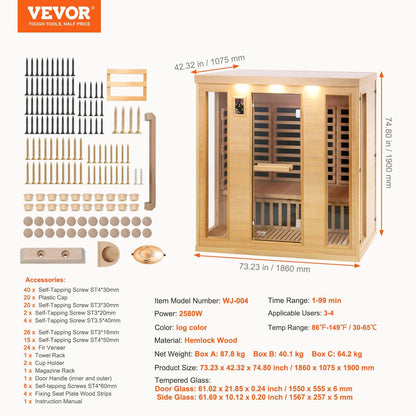 VEVOR Far Infrared Wooden Sauna, Room Home Sauna Spa for 3 to 4